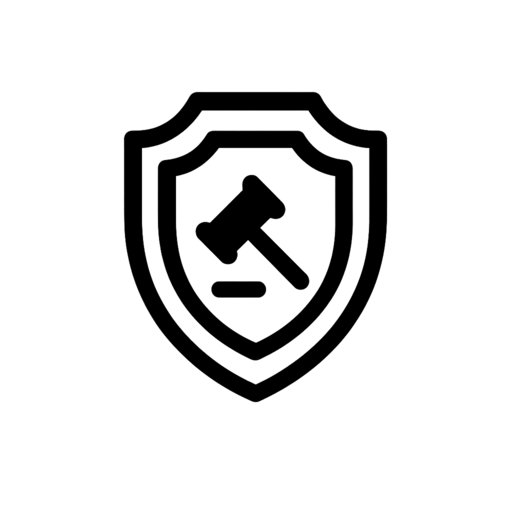 Icono de escudo con mazo judicial en el centro, simbolizando justicia y protección legal.