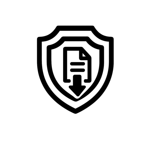 Icono de escudo con documento legal y flecha hacia abajo, representando tramitación y seguridad jurídica.